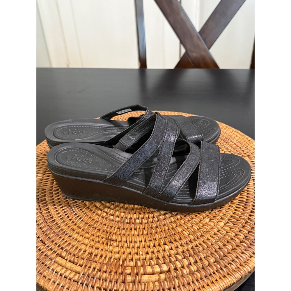 Crocs Leigh II Black Leather Cross Strap Wedge Sandals Women Size 10 204730